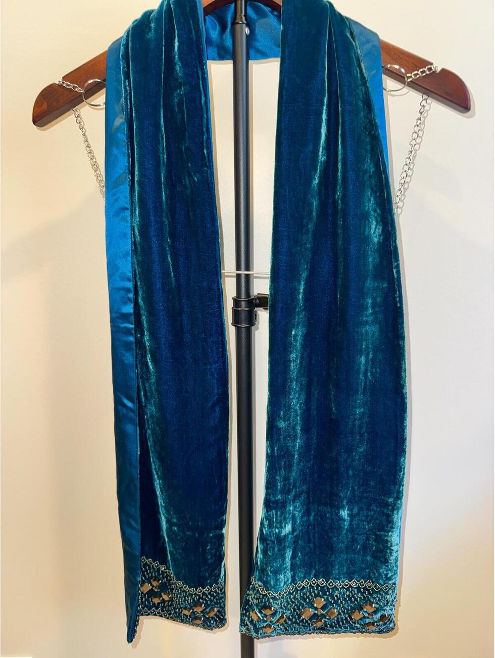 Silk Velvet Scarf Teal Blue Burnout Boho Festival Wrap